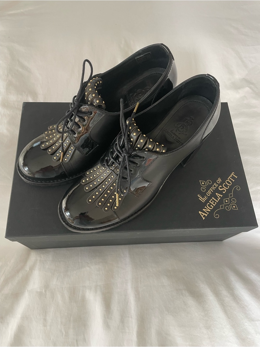 Angela Scott Black Patent Leather Studded Kiltie Derby